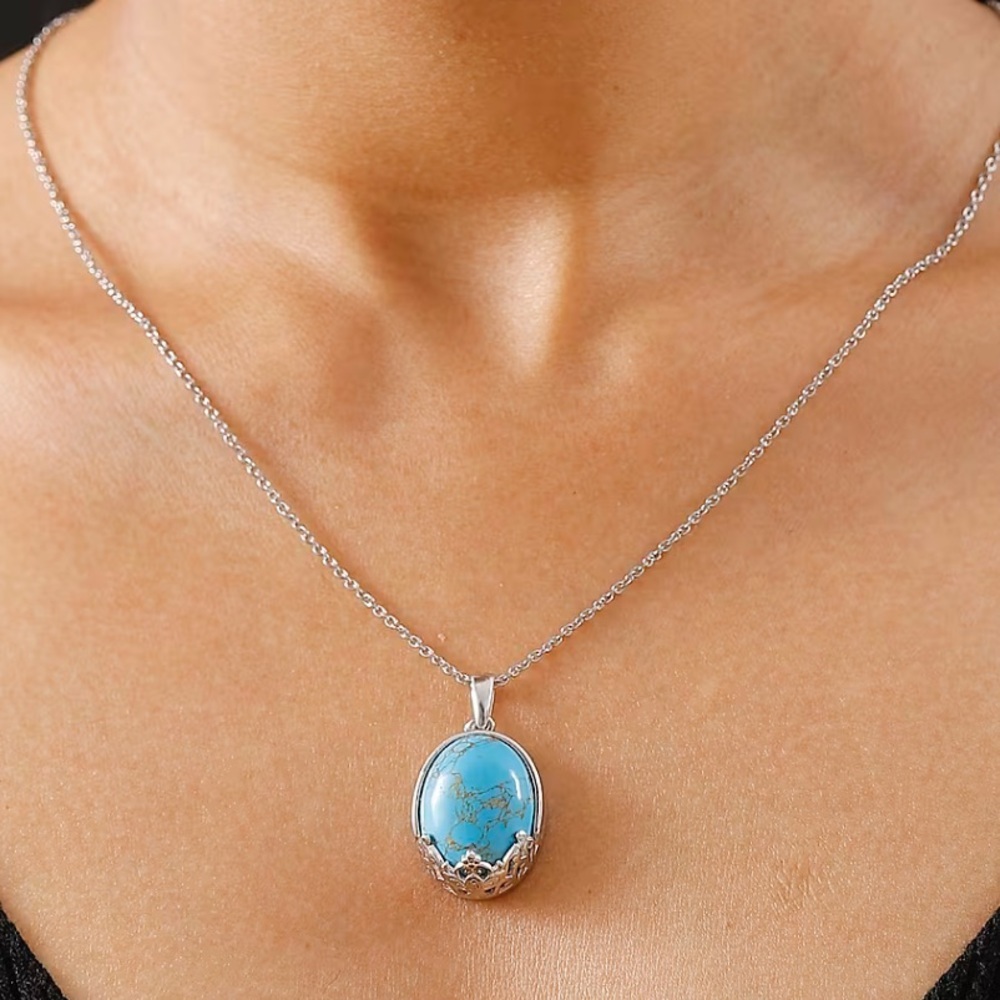 Mojave Blue Turquoise 13.65ctw Pendant Platinum Bond Stainless Steel Necklace